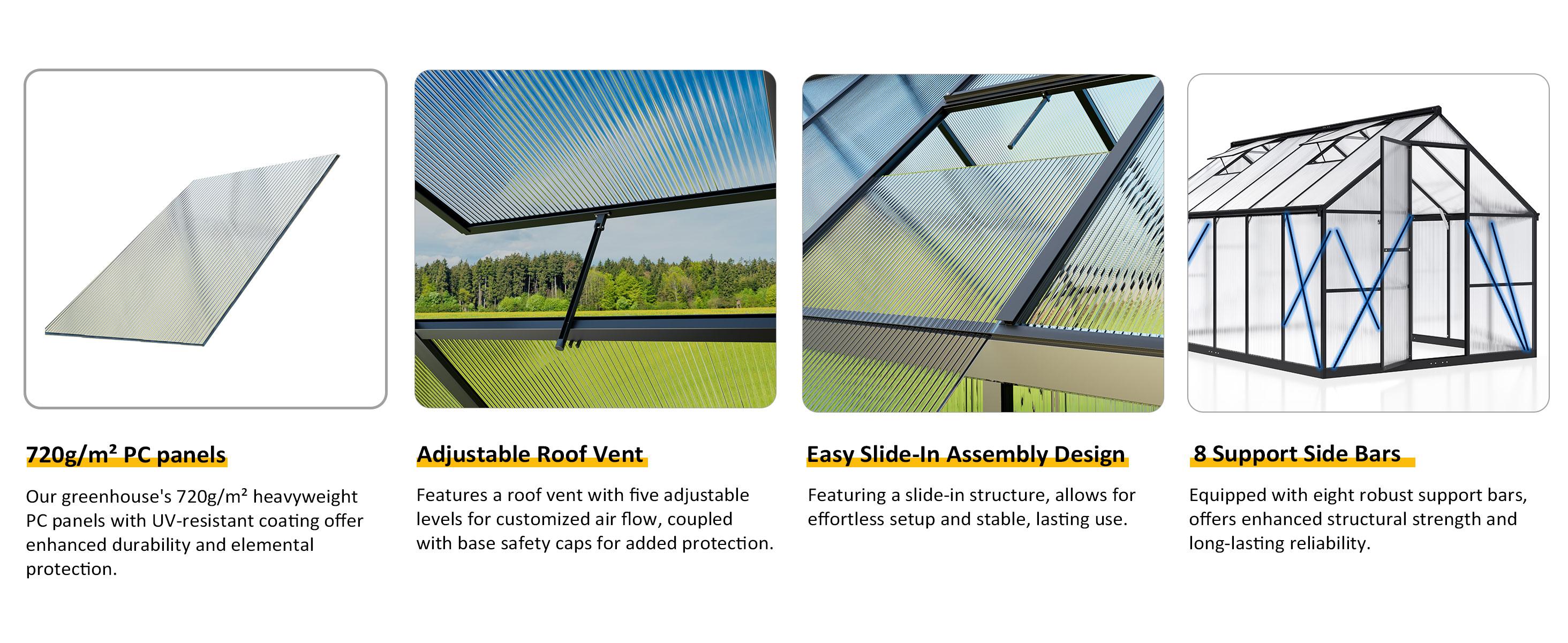 Outdoor Greenhouse, Polycarbonate Greenhouse Featuring a Quick Assembly Structure and Roof Ventilation, Aluminum Walk-In Greenhouse for Garden Backyard Use