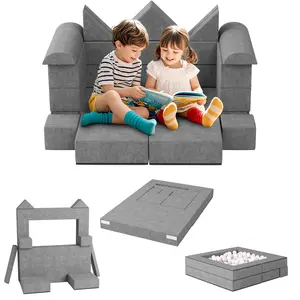 Scabine 11pcs Modular Kids Play Couch, Convertible Foam Sectional Sofa, Multi Shapes Fort Building Play Sofa for Toddler Bedroom Playroom, Gray