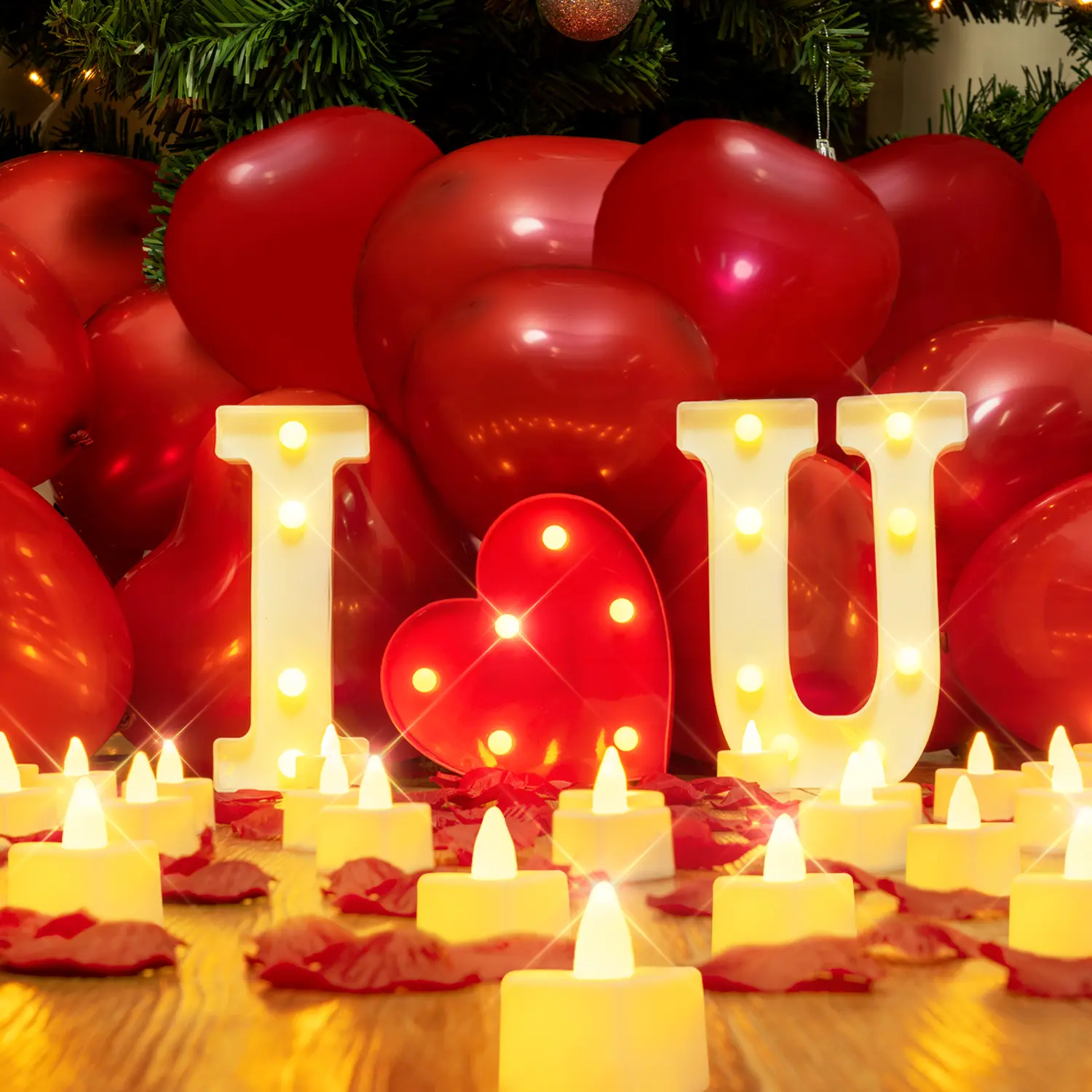 "I Love U" Light-Up Standing Wall Letters Decor Kit with 24 LED Tea Candles, 1000 Red Fake Rose Petals, 30 Red Balloons - Durable Valentines Day Heart Decor for Romantic Weddings, Bathroom Spa Use