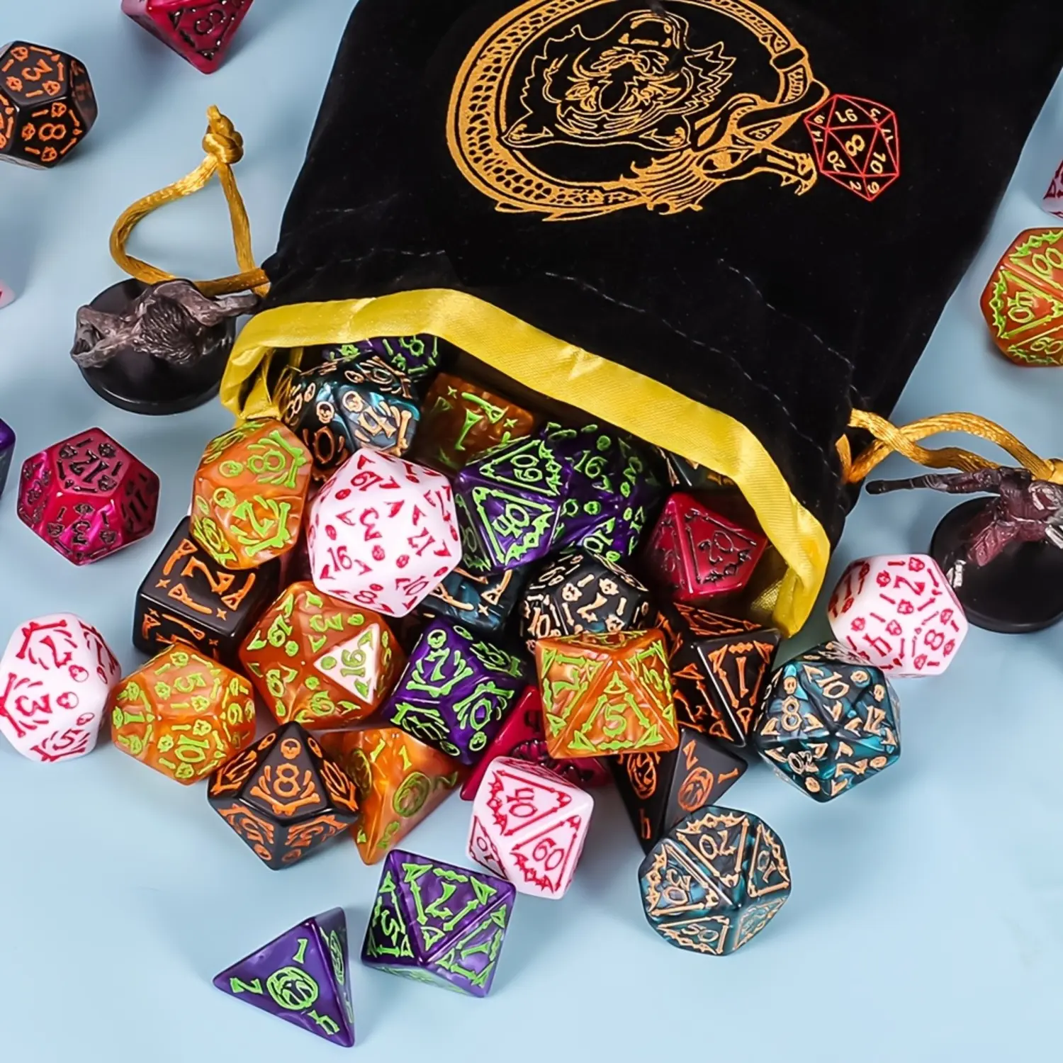 42Pcs Halloween Pumpkin Polyhedral DND Dice Set with Gold Pattern Drawstring Bag, Halloween-Ready Gift Idea for Dungeons and Dragons, MTG Table Games, Xmas Party