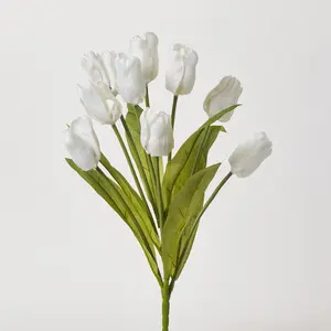 White Silk Tulip Spray Bloom & Leaf Stem Bouquet - 20"