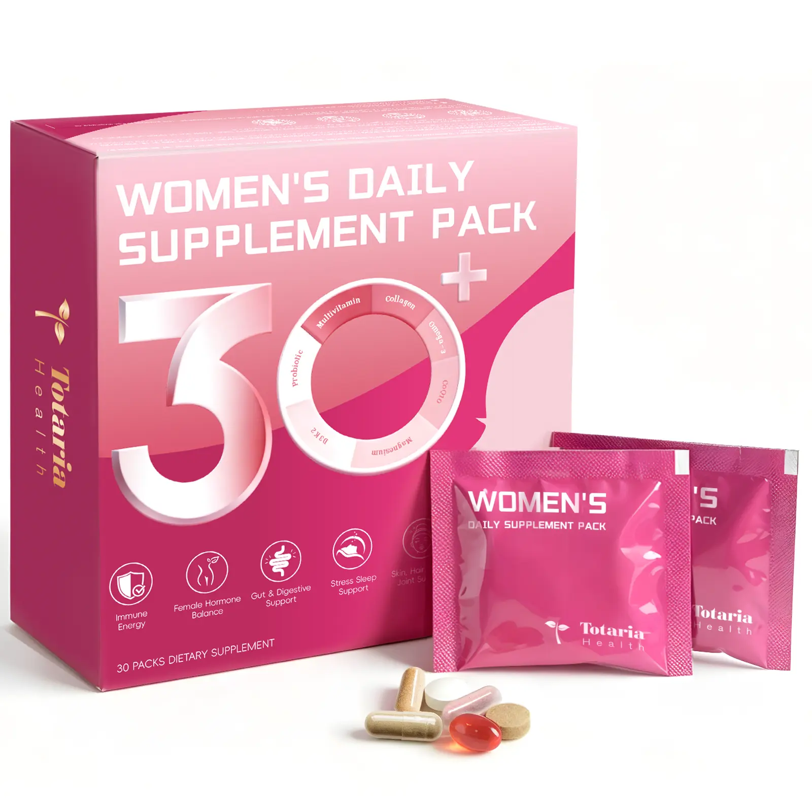Totaria Women's 30-Day Wellness Pack: Calcium, Magnesium, Cranberry, Collagen & Krill Oil for Stress Relief, Radiant Skin & Healthy Hair