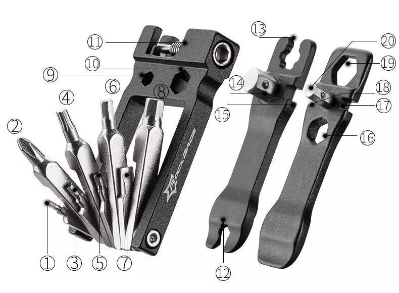 ROCKBROS Bike Foldable Repair Kit 16-in-1 Multi-Function Portable Allen Wrench and Tire Lever
