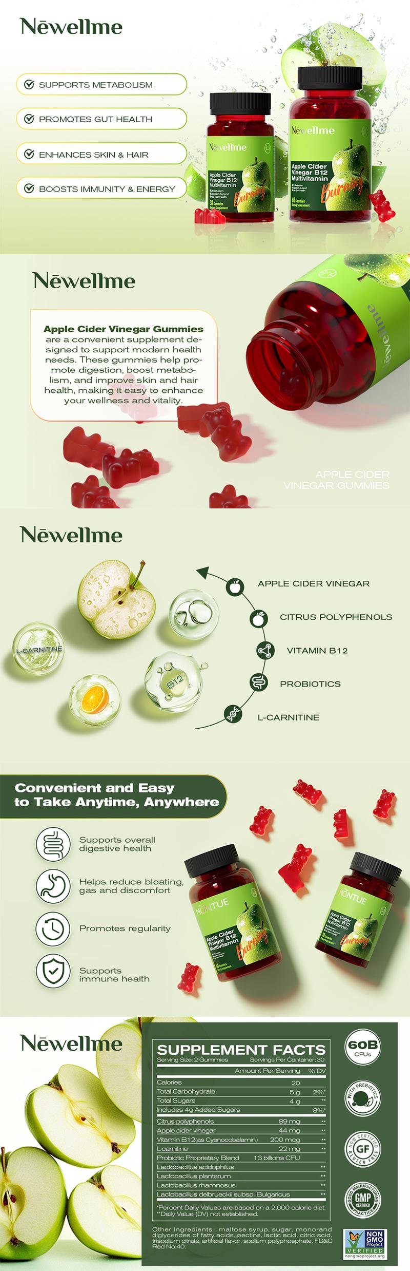 Newellme-Updated Version Apple Cider Vinegar Gummies Formulated - supports digestion, detoxification and cleansing - ACV Gummies