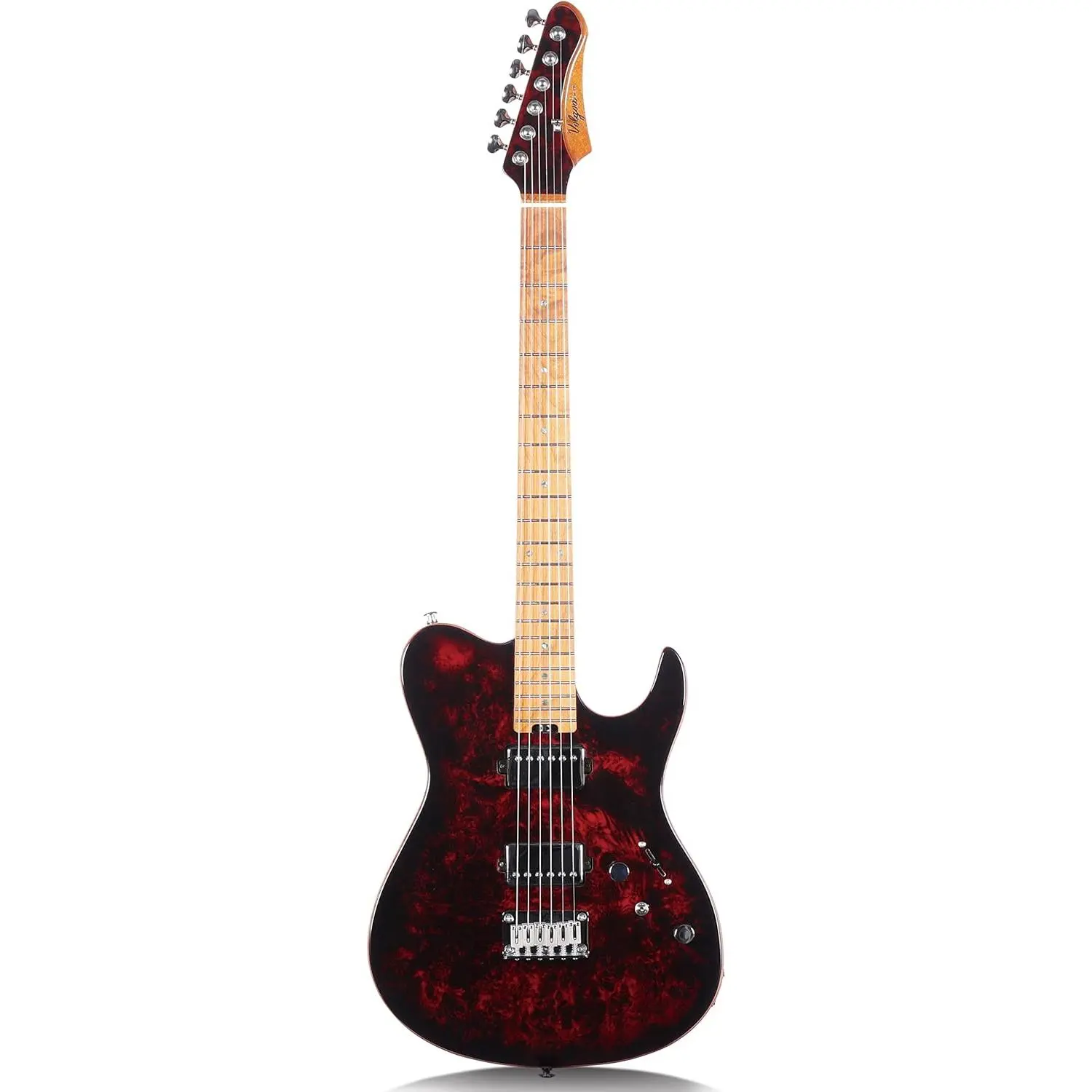 Electric Guitar for Rock Blues, Burl Wood Look Printed Top, Modern Double Cut, 6-String, HH Pickups, Tremolo Bridge, Maple Neck, Gloss Finish (Red)