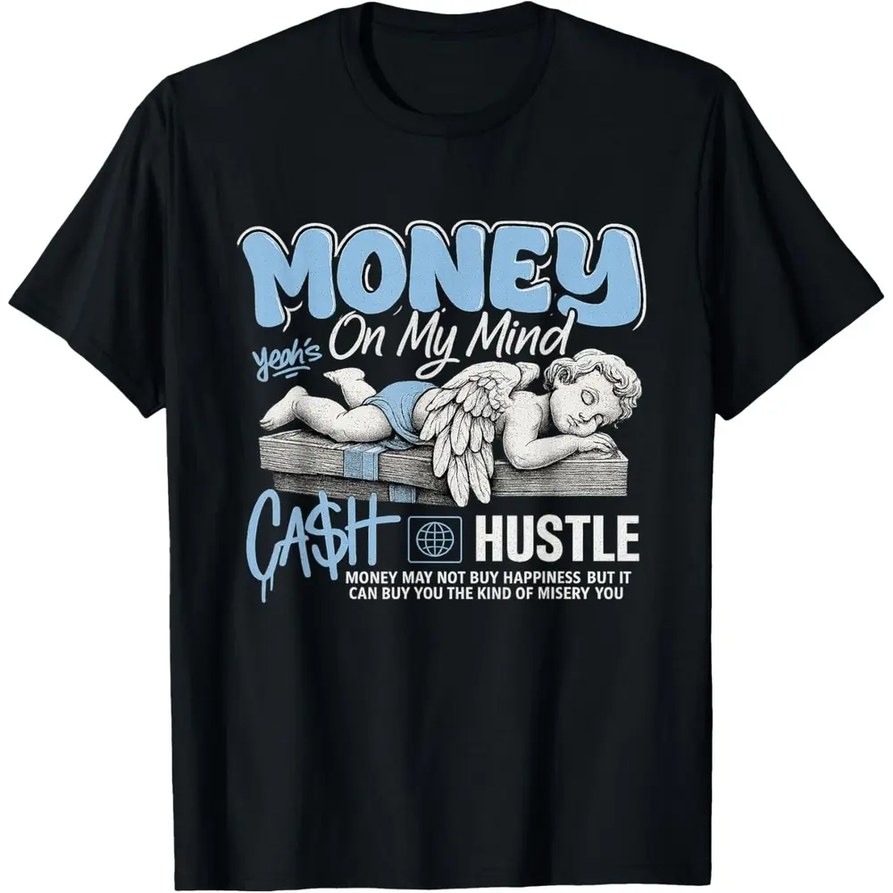 Money on My Mind Angel Hustle Vintage Soft Short-Sleeve Round Neck Streetwear T-Shirt, Sports Top, Shortsleeve, Tshirt, Men's T Shirts, Menswear, Casual, Graphic Tee, Men's Clothing, Cotton Graphic Tees, Unisex