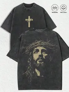1 PCS Religious "Jesus With Crown Of Thorns" Graphic Tee: Featuring Distressed Vintage Finish, Front Cross Print Adorned With Crown Of Thorns, Back Artistic Portrait Of Jesus Wearing Crown Of Thorns, Crafted From Breathable 100% Cotton, Per