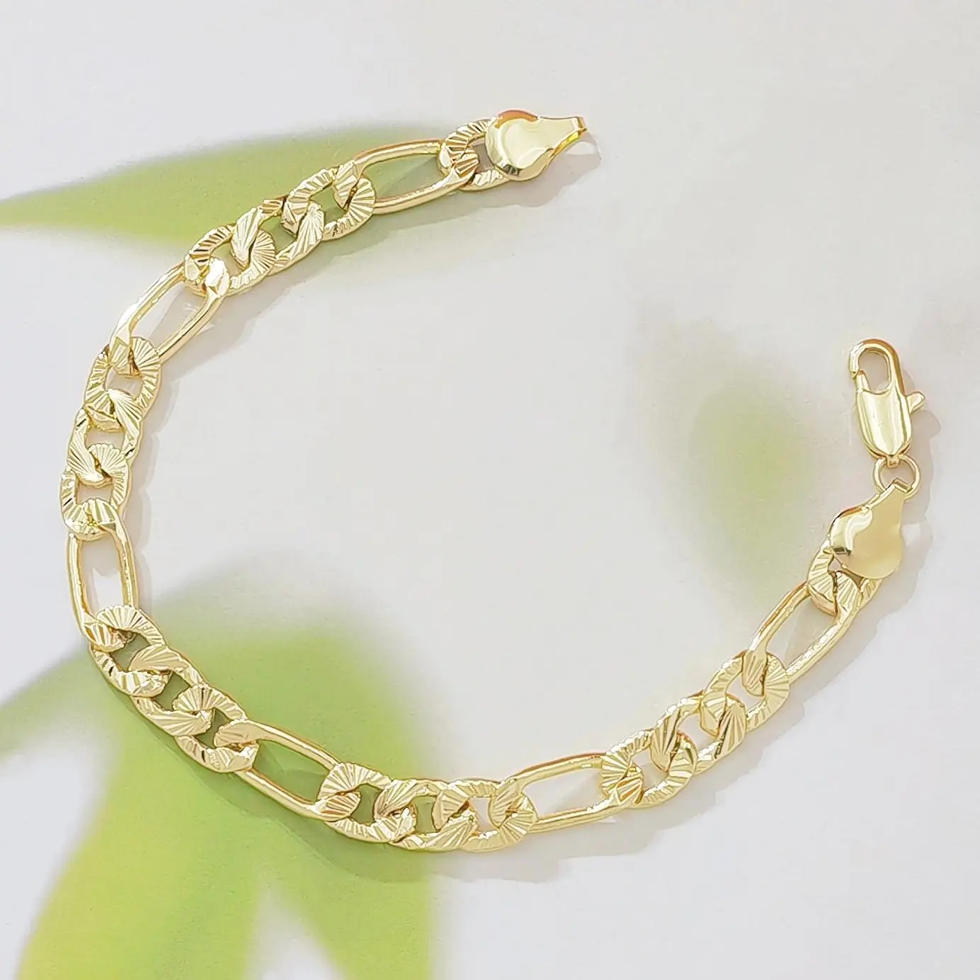 14K Gold Two Tone Figaro Chain Bracelet Sunburst Diamond Cut Textured Link Stackable Wrist Jewelry For Women Daily Wear