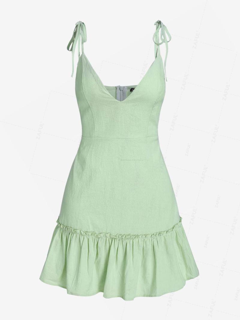 Rosegalette Flounce Slip Ruffles Off-Shoulder Mini Dress with Tie Shoulder Straps in Soft Mint Green sage green Color polka dot dress secschools dress