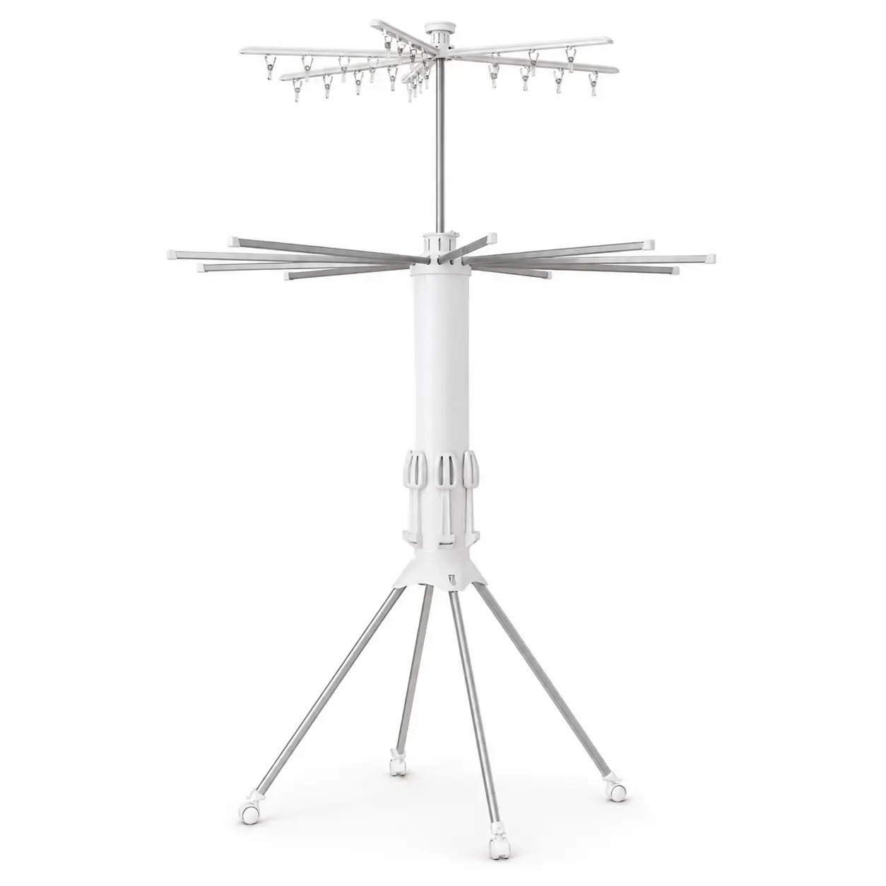 Sakugi Carbon Steel 2-Tier Octopus Design Laundry Drying Rack, White Folding Hanging Rack with 12 Rods, 20 Clips & Rolling Wheels for Indoor/Outdoor T-Shirts, Trousers, Shoes & Accessories