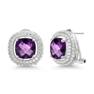 Gem Stone King 7.80 Cttw Cushion Amethyst and White Moissanite Post Clip Earrings For Women In 925 Sterling Silver | Gemstone Birthstone Cushion 10MM