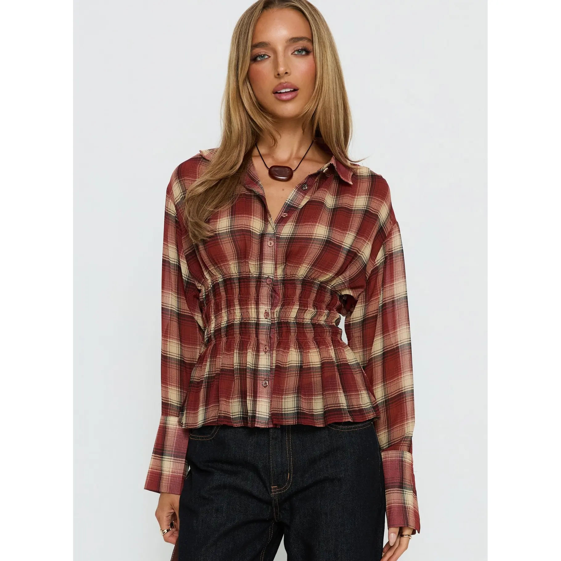 As You Are Shirred Button Up Top Red Check