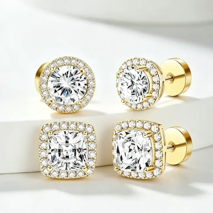 4-Piece Luxury Stud Earring Set for Women & Men, Classic Round and Square Earrings in Gold/Silver Sparkling Tone, Hypoallergenic Fashion & Exquisite Jewelry for Birthdays, Anniversaries and Special Occasions