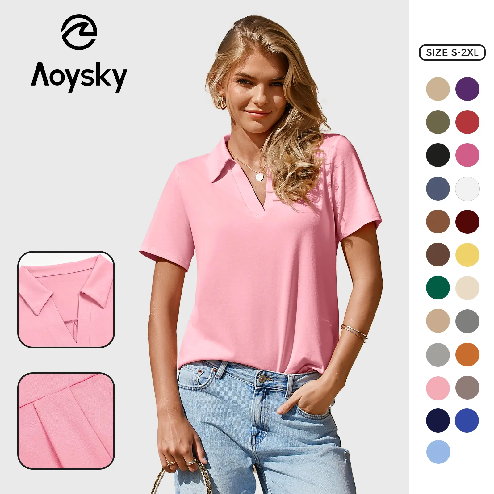 Aoysky Women's Washed Look Polo Shirt, Stylish Fitted V-Neck Top in Lightweight Breathable Polyester, Short-Sleeve Business Casual, Shortsleeve, Minimalist