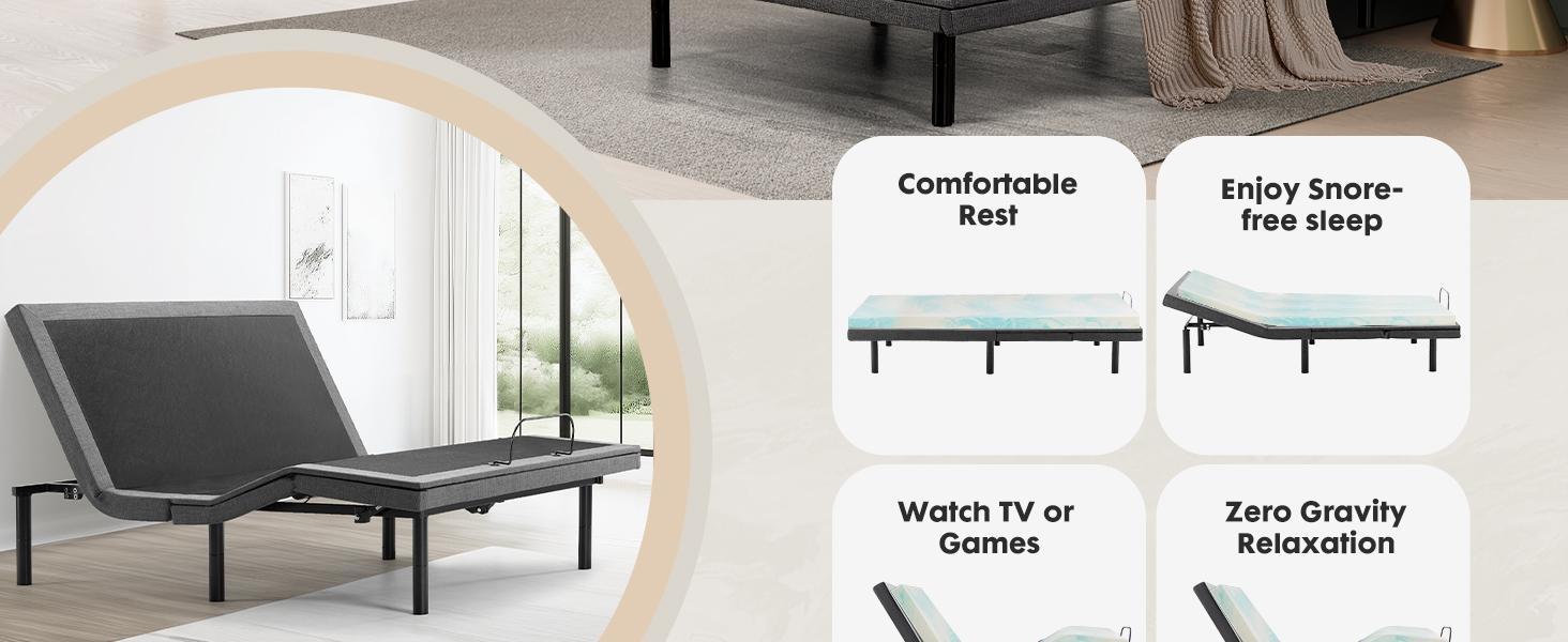 Electric Bed Ergonomic Adjustable Bed Frame with Wireless Remote, Head and Foot Incline, Zero Gravity Bed, Anti-Snore, Easy Assembly