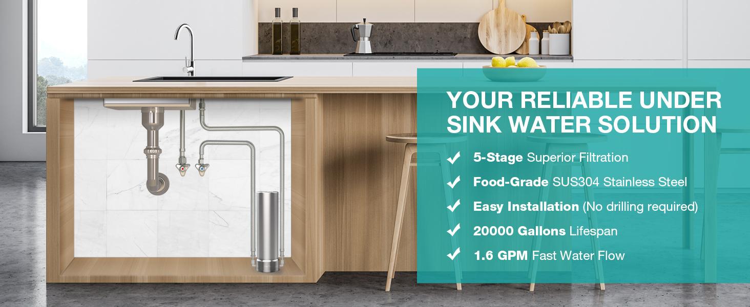 SimPure V7 Under Sink Water Filter 5-Stage Stainless Steel Direct Connect to Kitchen Faucet,Reduces 99% Lead, Chlorine, Bad Taste, 20K Gallons (No Drilling Required)