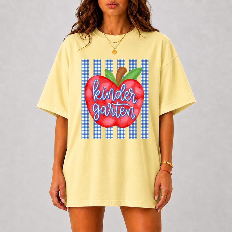 Comfort Colors Kindergarten Teacher Shirt, Apple Gingham Teacher Tee, Back To School Graphic Shirt, Cute Kindergarten Teacher Gift