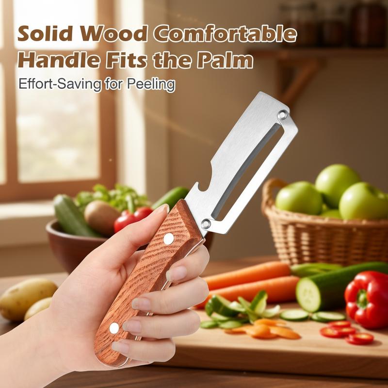 2-in-1 Vegetable & Fruit Peeler with Stainless Steel Blade and Bottle Opener, Wooden Handle Kitchen Tool for Potatoes, Apples, Zucchini, Papaya & Pumpkin