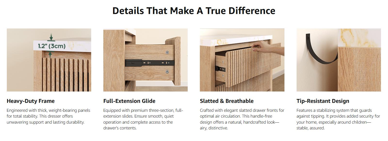 Sikaic 31.5” Wide Oversized Fluted Nightstand, Slatted 27.6”Tall Night Stands, Extra Large Wood Bedside Table, 3 Drawers, Mid-Century Modern End Table Bedroom, Living Room, Thickened