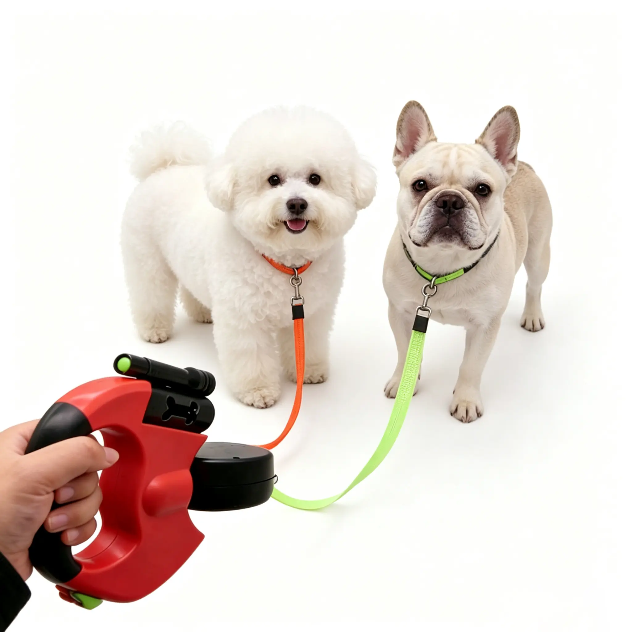 Retractable Dual Dog Leash for 2 Small Dogs (Up to 30 lbs Each) - 10ft No-Tangle 360° Swivel, Rechargeable Built-in LED Flashlight, Reflective, Hidden Storage for Night Walking on Streets & in Crowds, Halloween