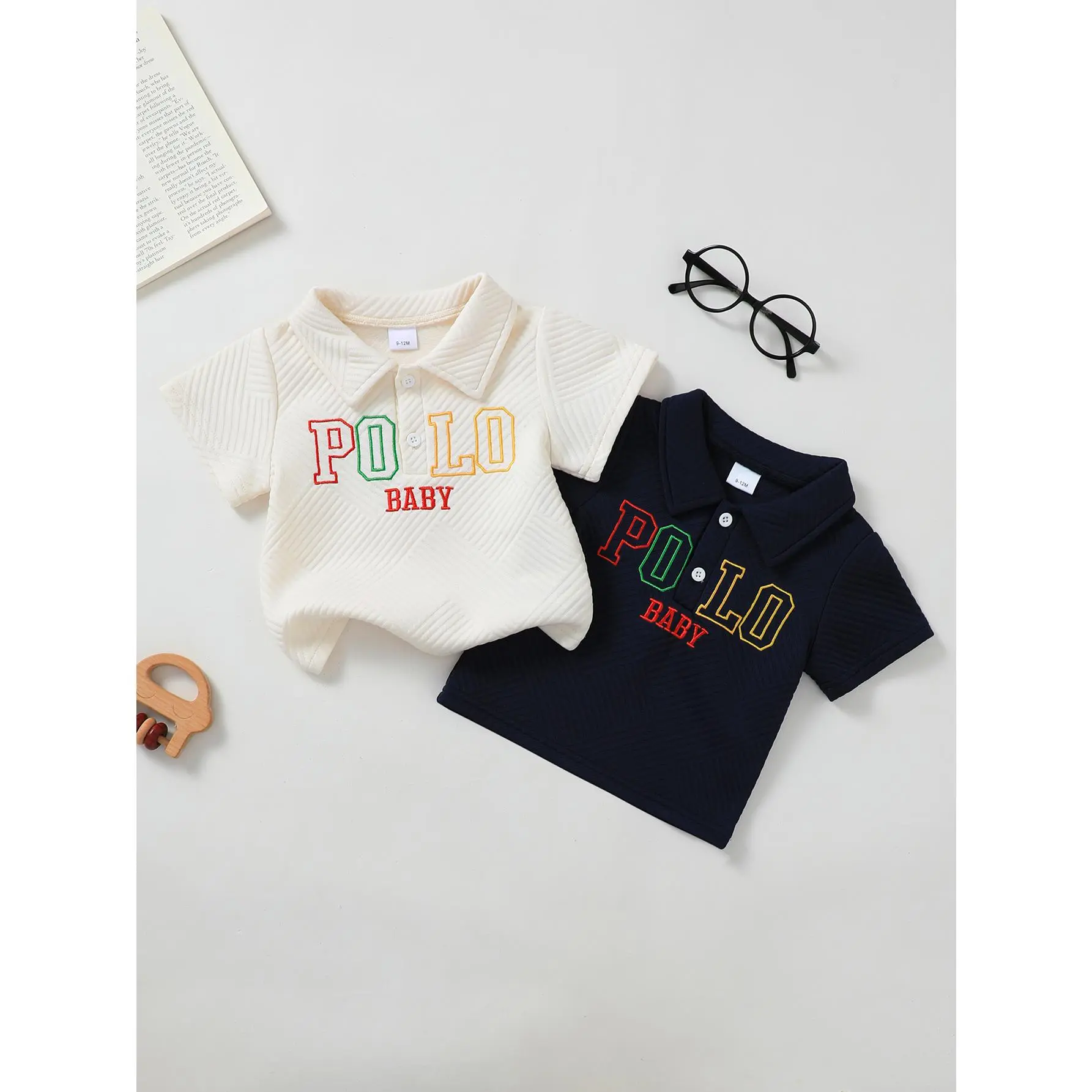 2-Pack Baby Boys Knit Jacquard Short Sleeve Polo Shirts, "POLO BABY" Embroidered Turn-Down Collar Tops 42511047