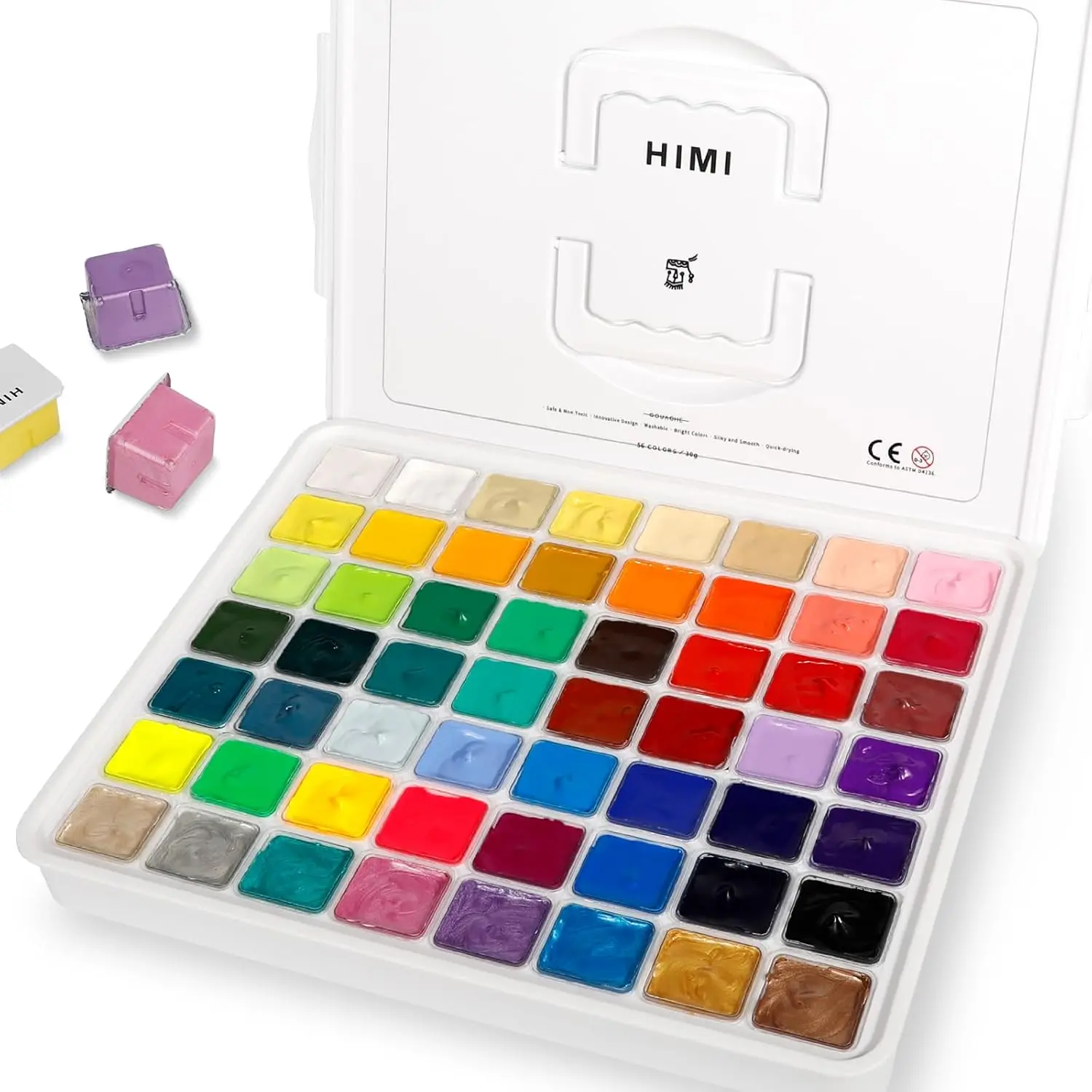 HIMI Gouache Set - 56 Colors x 30ml/1oz Art Materials, Neon Fluorescent & Metallic Hues, Matte Finish, Jelly Cups Design, Vibrant Mixes, for Canvas & Watercolor Paper, Beginner Art Supplies, 56 Vibrant Colors, Creative Adults