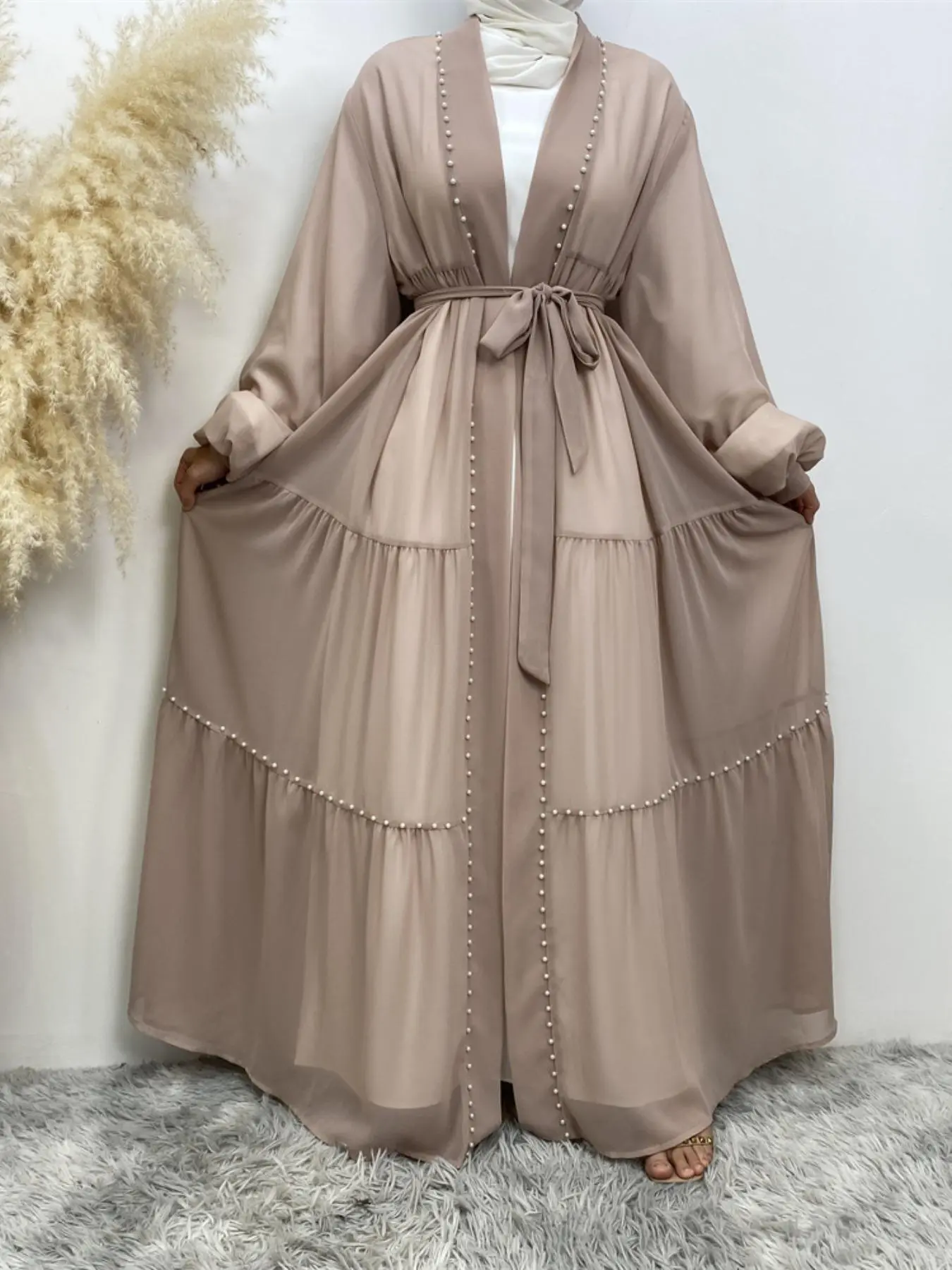 Women's Plain Beads Decor Open Front Abaya, Modest Fashion Long Sleeve Dress for Daily Wear, Women's Islamic Clothing for Summer, Modesty Abaya, Chiffon Abaya