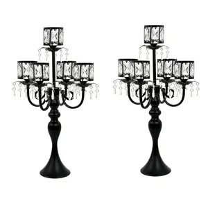 Set of 2 black 5-arm square crystal tabletop centerpieces/candle holders (22 inches), classic and elegant for gifts, weddings, parties, and home decor