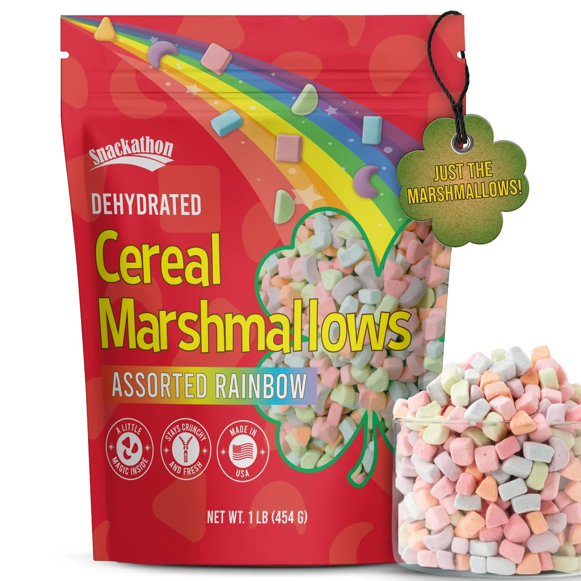 Snackathon Dehydrated Cereal Marshmallows, Assorted Rainbow Mini Bits, Resealable Bulk Bag – Fun Crunchy Lucky-Style Marshmallow Topping for Hot Chocolate, Coffee, Cereal & Desserts Candy Sweet Bonbon Crispy