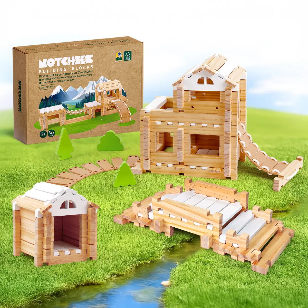 Notchies Jovi-Mindly Wooden Building Block Set - 96-Piece Montessori Model Building Kit, FSC Certified Non-Toxic Eco-Friendly DIY Playset, Wooden Assembly Kit with Storage Bag & Box, Creative Construction Stacking Blocks for Kids Ages 4-8 (Home Use), Mode