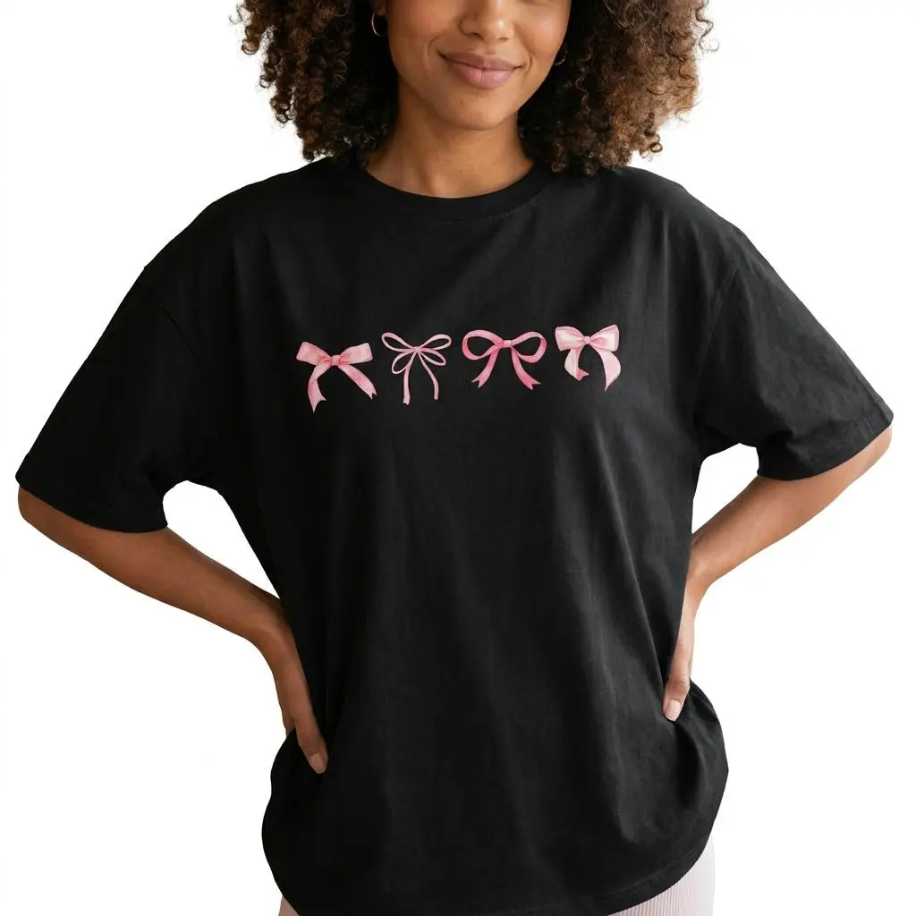 Women's Coquette Pink Bow Graphic T-Shirt, Casual Balletcore Look Tops, Medium Weight, Cold Wash Safe