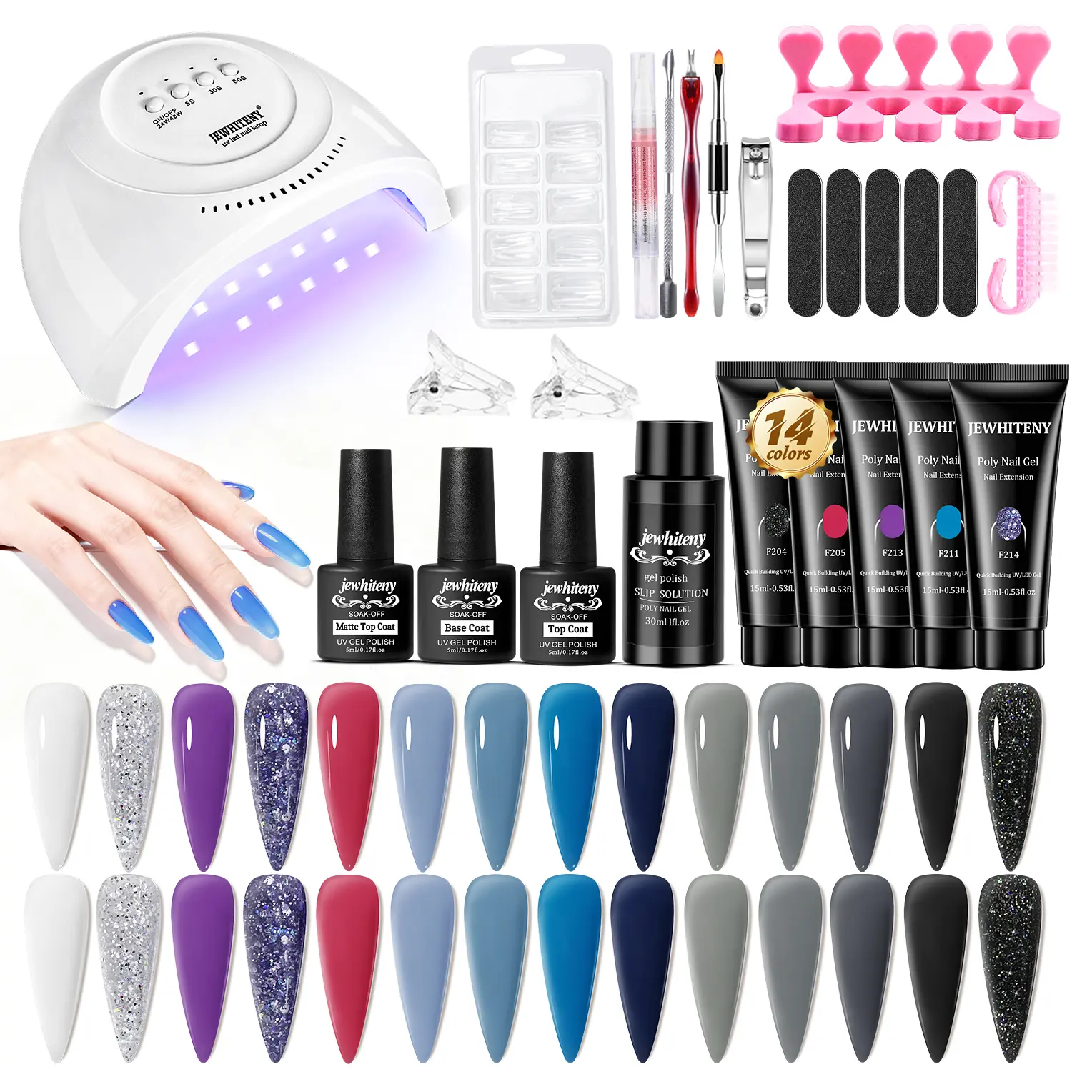 JEWHITENY 14pcs Poly Nail Extension Gel Kit Nude Grey Black Blue Purple Glitter Poly Gel Nail Kit With UV Light Starter Kit All In One Kit With Base Top Coat Beginner DIY at Home