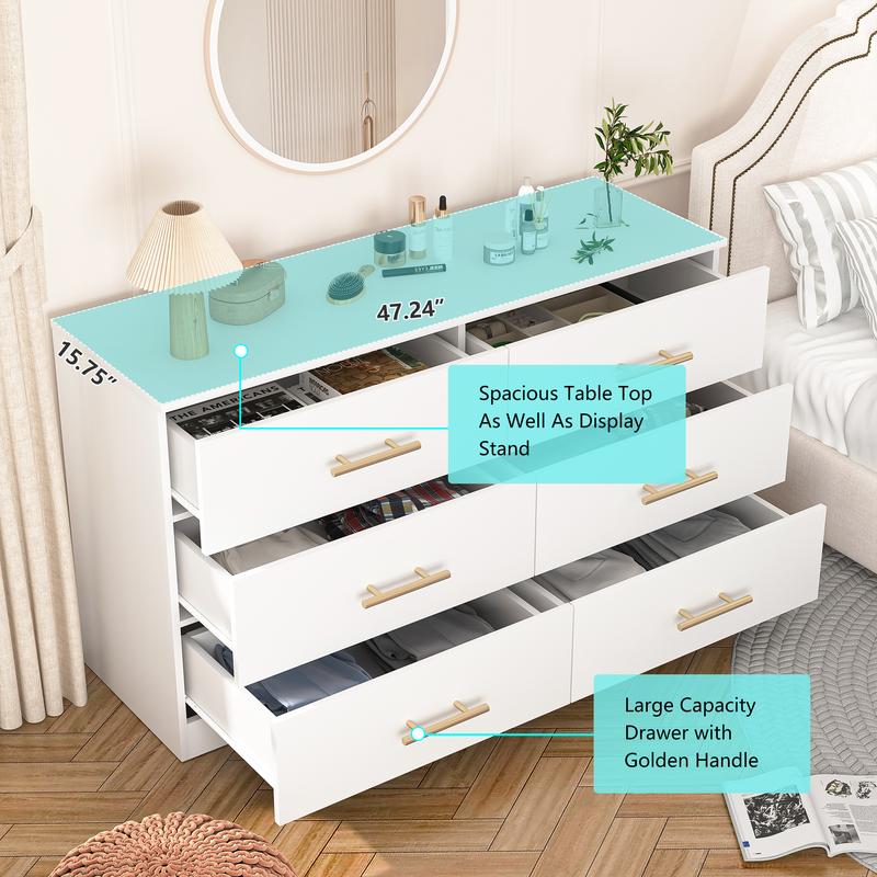 6 Drawer Wooden  Dresser, Large Storage Cabinet Modern Chest of 6 Drawers Night Table, Bedroom Storage Organizer, Storage Dresser Chest of Drawers for Bedroom, Closet, Living Room