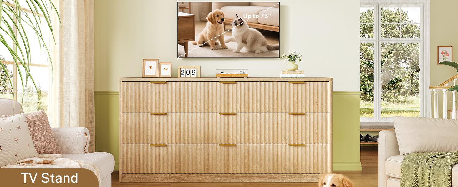 Modern Wooden  Fluted Dresser with 9 Drawers 53'' Wide Farmhouse Dressers with Faux Marble Top Wood Chests of Drawers with Gold Handle & Curved Profile Dresser for Bedroom  Cupboard