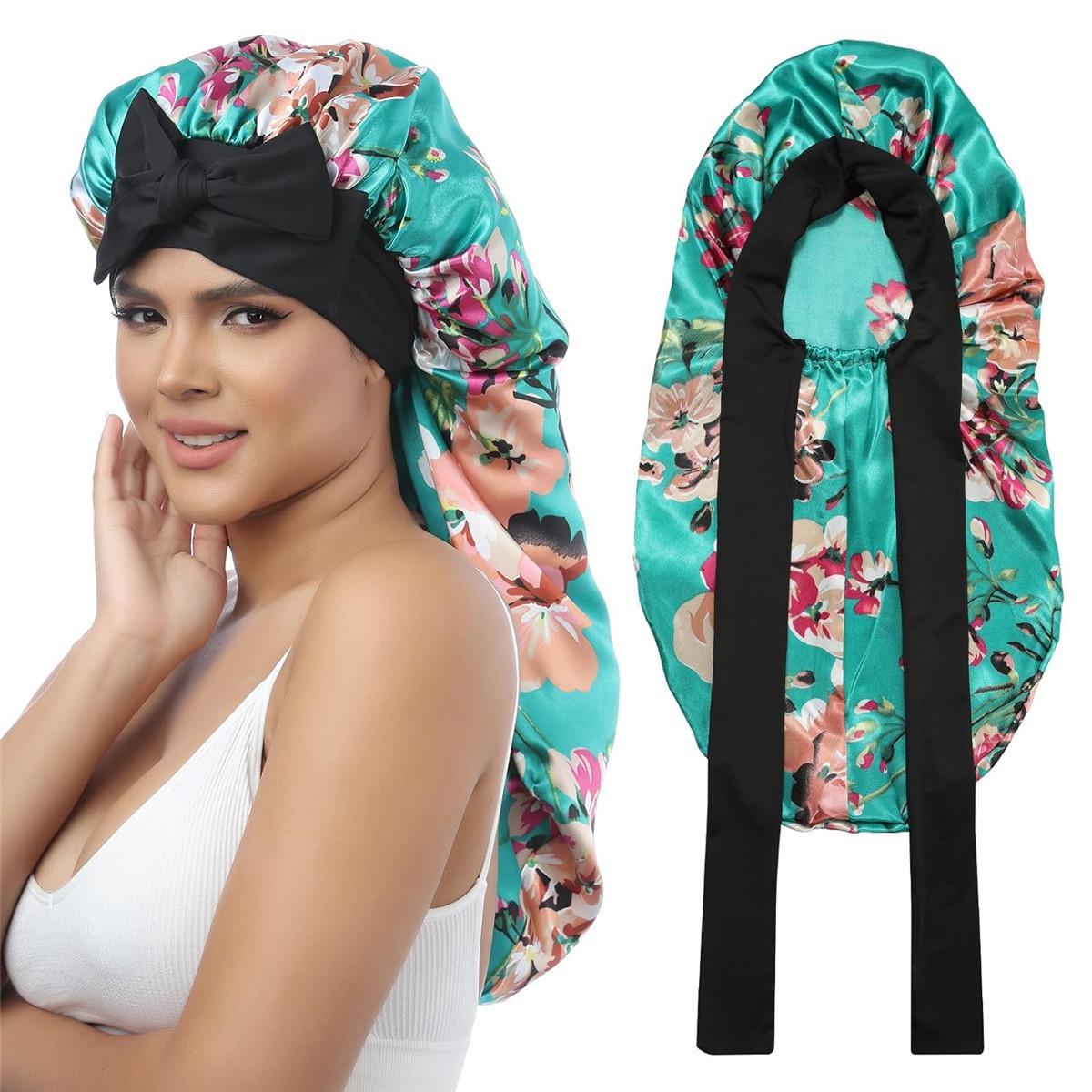 Single-Layer Summer Cool Style Solid Color Long Satin Bonnet Sleep Cap Adjustable Care Nightcap for Women Braids Curly Hair Natural Hair Wrap for Sleeping Cap with Tie Band Elastic Hair Care Bonnet