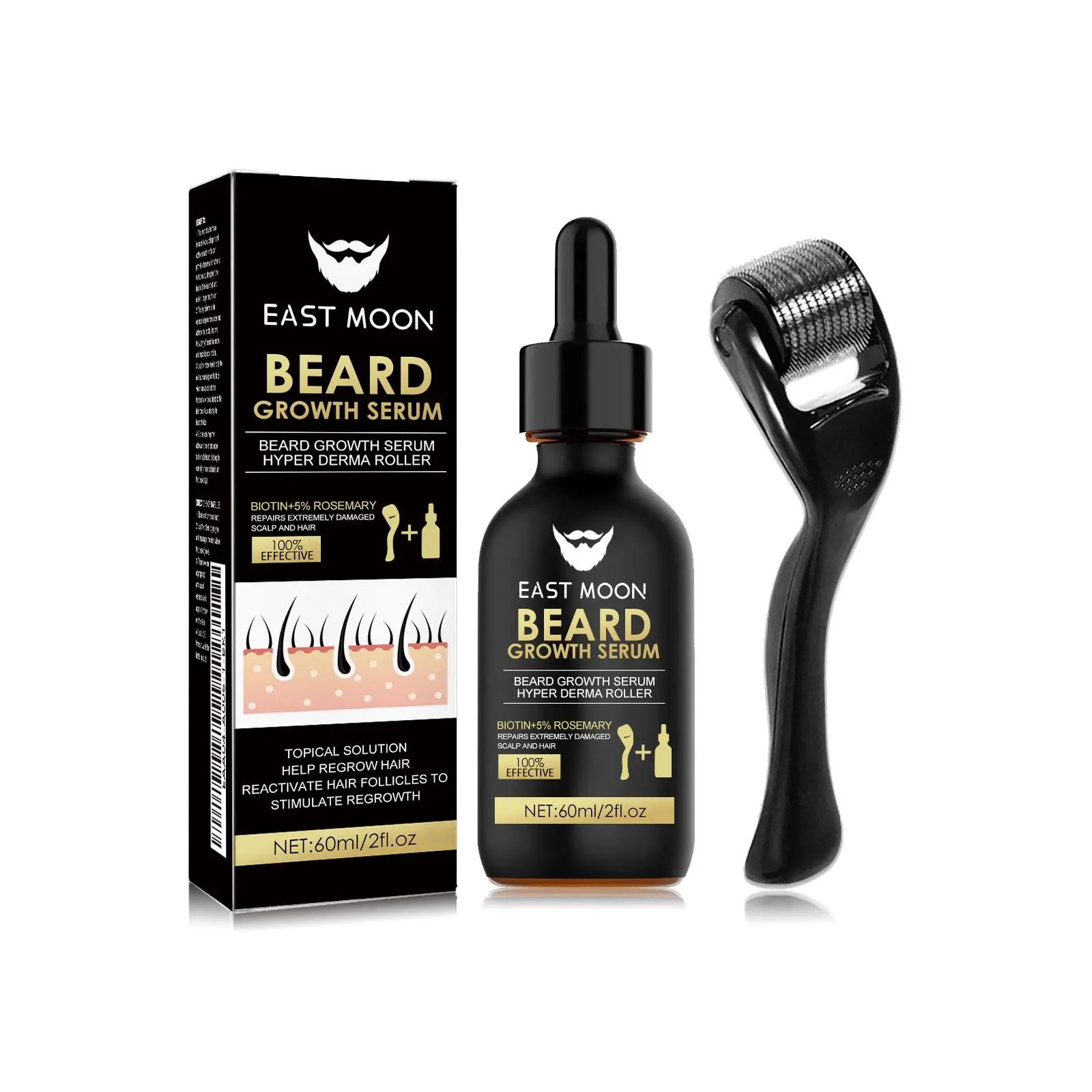 Beard Thickening Essence Set 2.03fl oz + Derma Roller, Biotin Infused, Stimulate Follicles, Fast Growth for Sparse Beard, Men’s Daily Beard Care Grooming Kit