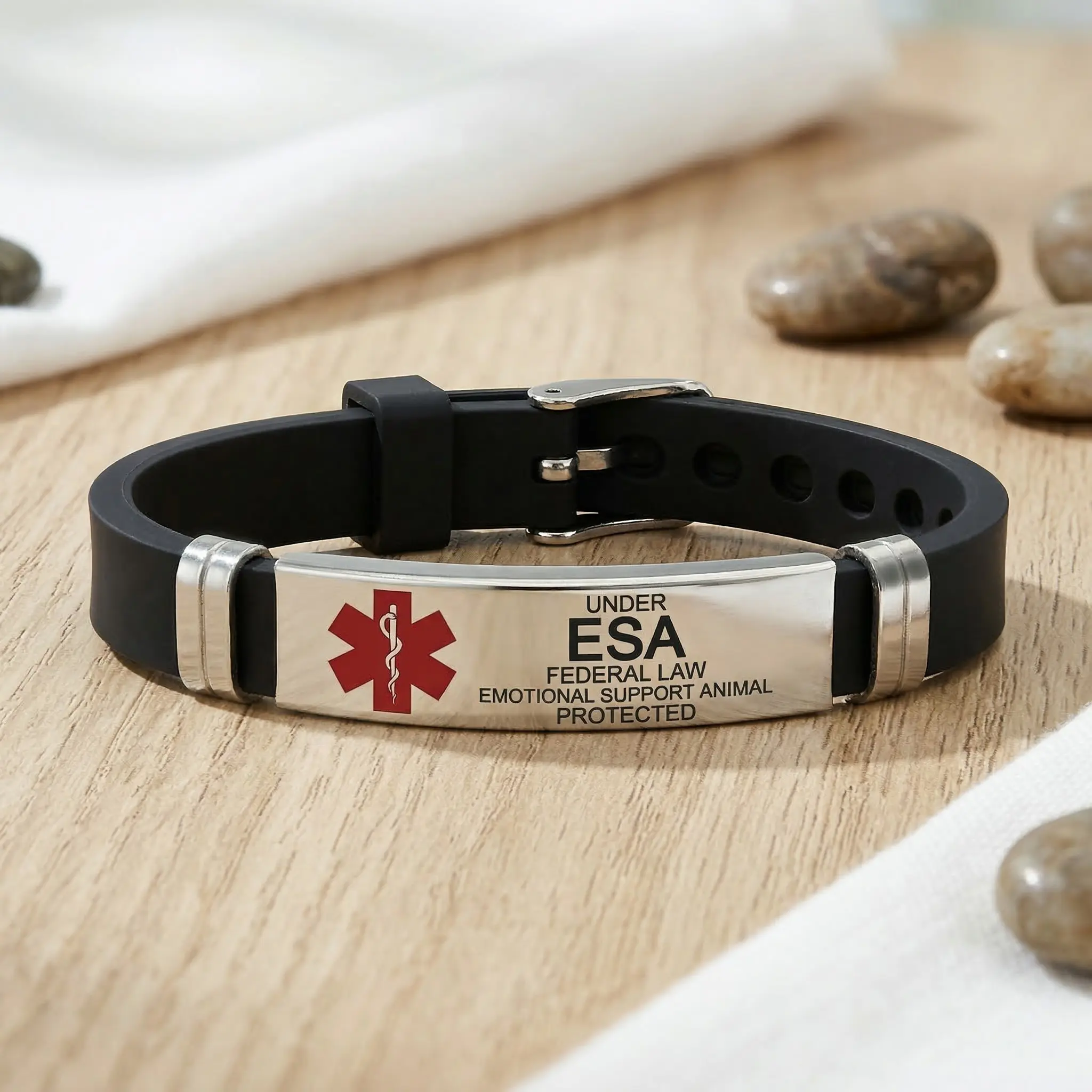 Hypoallergenic Silicone Medical Alert Bracelet for Emotional Support Animal, Waterproof Band for Men & Women with Adjustable Stainless Steel Buckle, Sweat Resistant, High-Quality Soft Silicone, Daily, Nearly All Wrist Sizes, Unisex, Wipe Clean, Secure Pin
