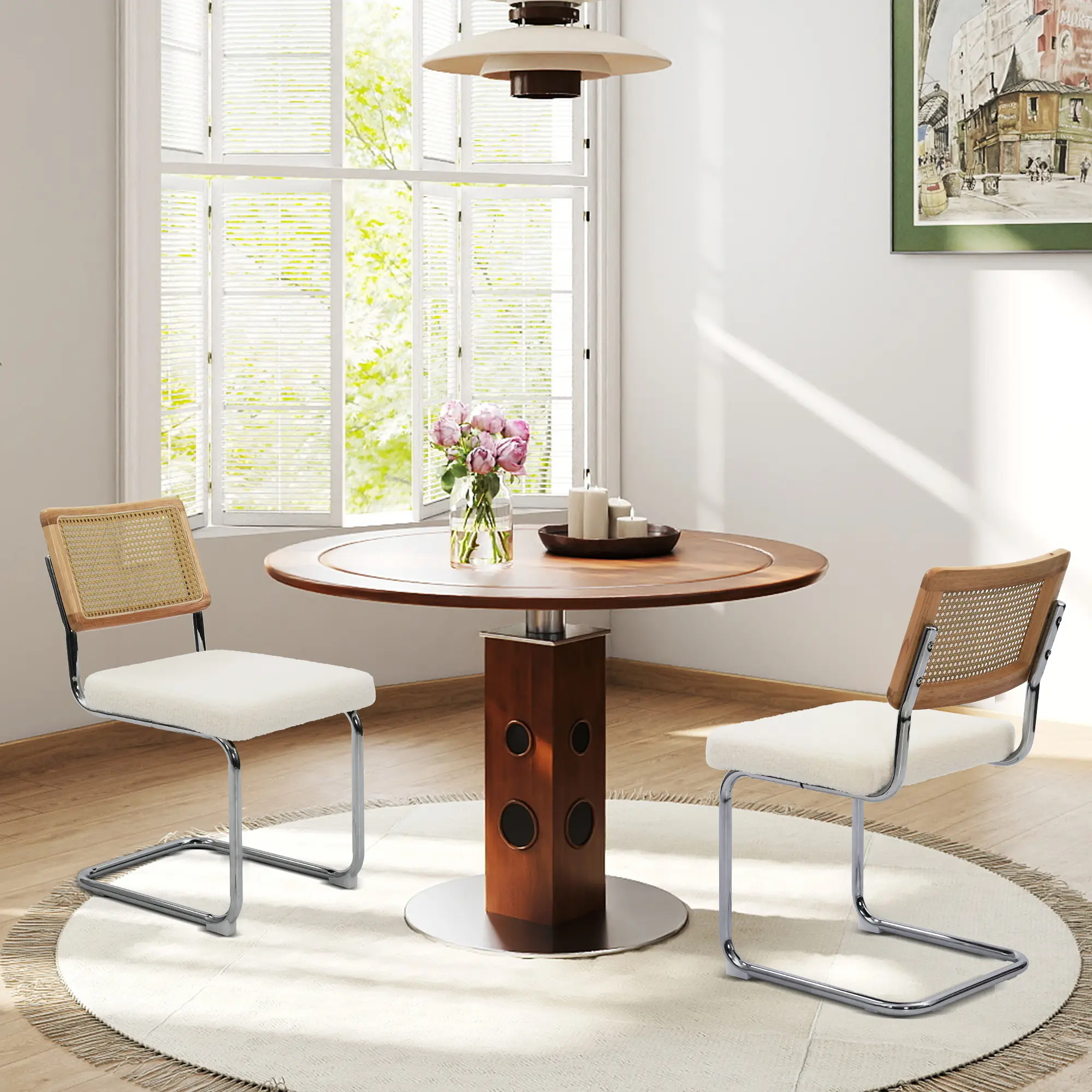 Set of 2 Mid-Century Modern Dining Chairs with Rattan Back and Polished Chrome Frame, Cesca Chairs, Upholstered Seat, Perfect for Dining Room and Kitchen summergarden