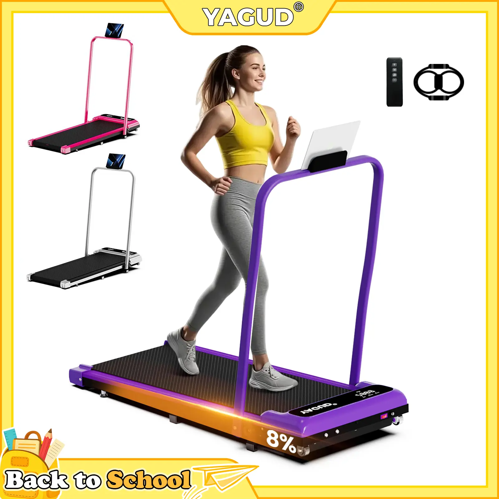 YAGUD Adjustable Incline Folding Treadmill - Home Fitness Equipment, Quiet Motor Walking Pad, Dual Shock-Absorption, 265lbs Capacity, Wheels, Remote Control, Free Resistance Bands, Handrail Home Gym Running Machine, Quiet Walking Pad, Handrail Walking Tre