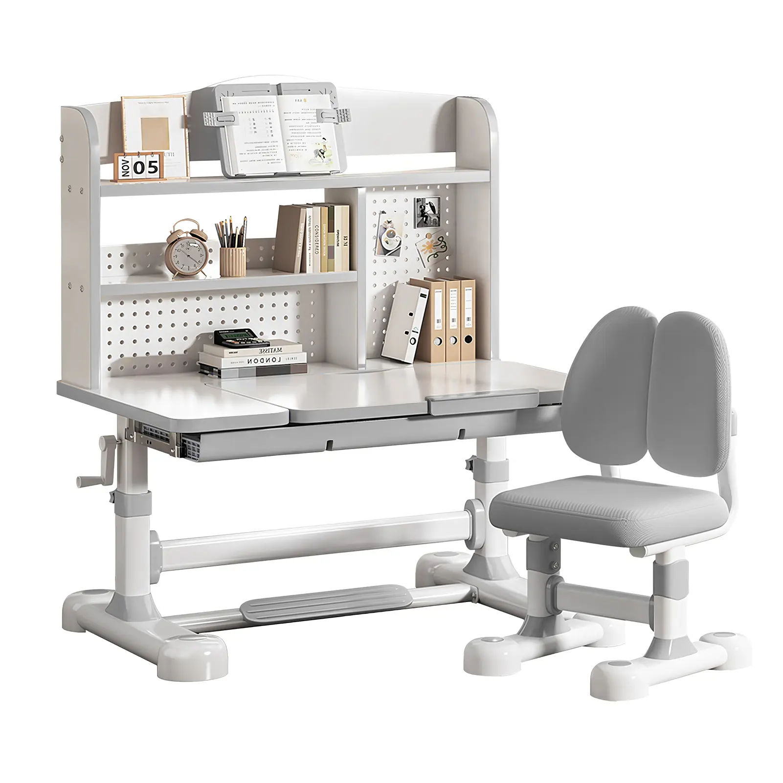 Kids' Durable Iron Study Desk and Chair Set - Ergonomic Height-Adjustable (Hand Crank), Tiltable Desktop, Bookshelf Storage, Large Drawers, 300 lbs Capacity, 80cm L, Remote-Ready, Boosts Efficiency, for Ages 3-12 Reading/Arts & Crafts, Assembly Required
