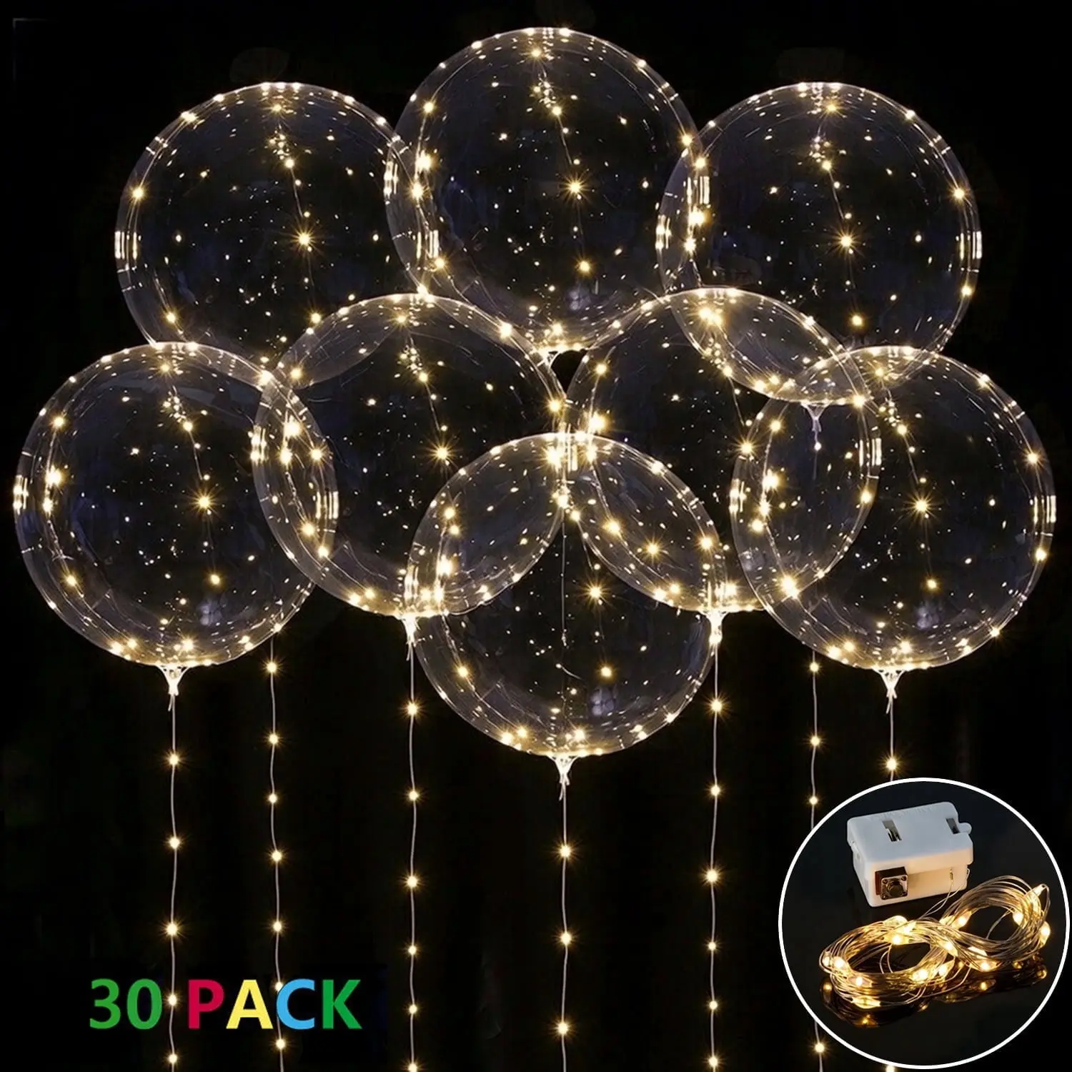 HOMEYA 10-Pack 20in Transparent Round LED Glow Bubble Balloons, 3*LR44 Batteries, String Lights, LED Strips for Halloween, Thanksgiving Party Decorations (10/20/30x Bubble Balloons Option)