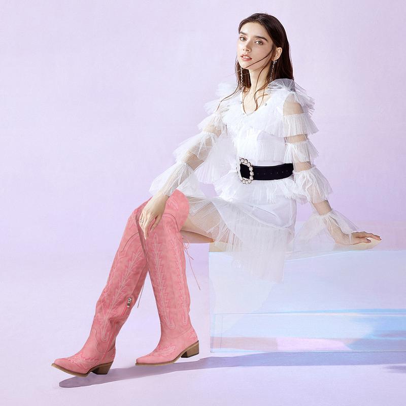 【New Arrival】Denim Diva Thigh High Cowgirl Boots Wide Calf Embroidered Western Botas Footwear Walking Shoes, Valentine's Day Gifts