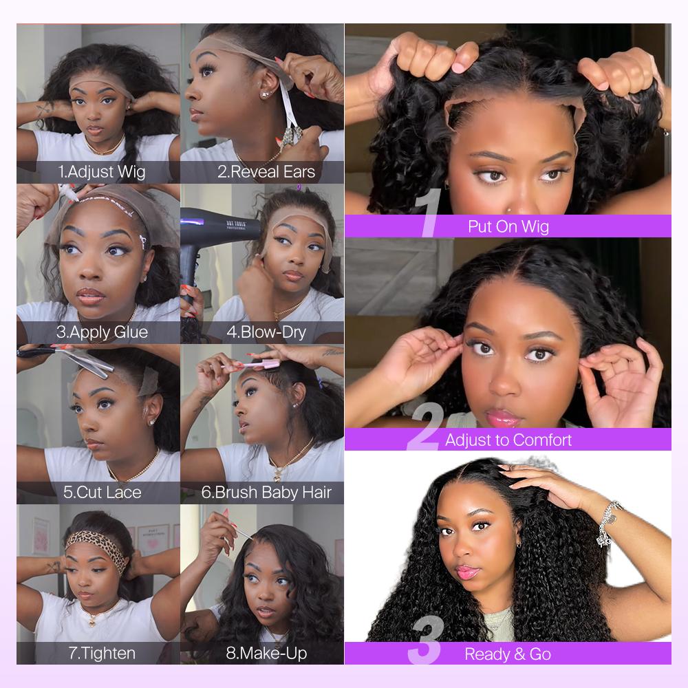 [250% Density] Megalook 13x6 Glueless Lace Frontal Wig Deep Curly Pre-Everything Put On Go Wig Natural Hairline Tiny Knots HD Lace Skin Melted With Drawstring