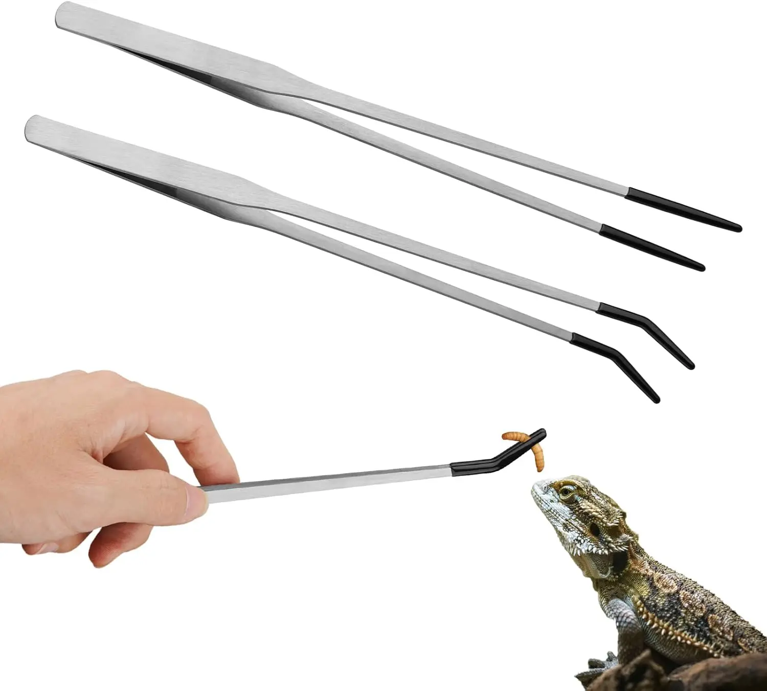 2PCS Durable Stainless Steel Reptile Feeding Tongs with Rubber Tips - 10.6in Straight/Curved Long Reach Tweezers, Pair with Comfortable Grip, Safe Handling Pet Terrarium Tools for Bearded Dragons, Snakes