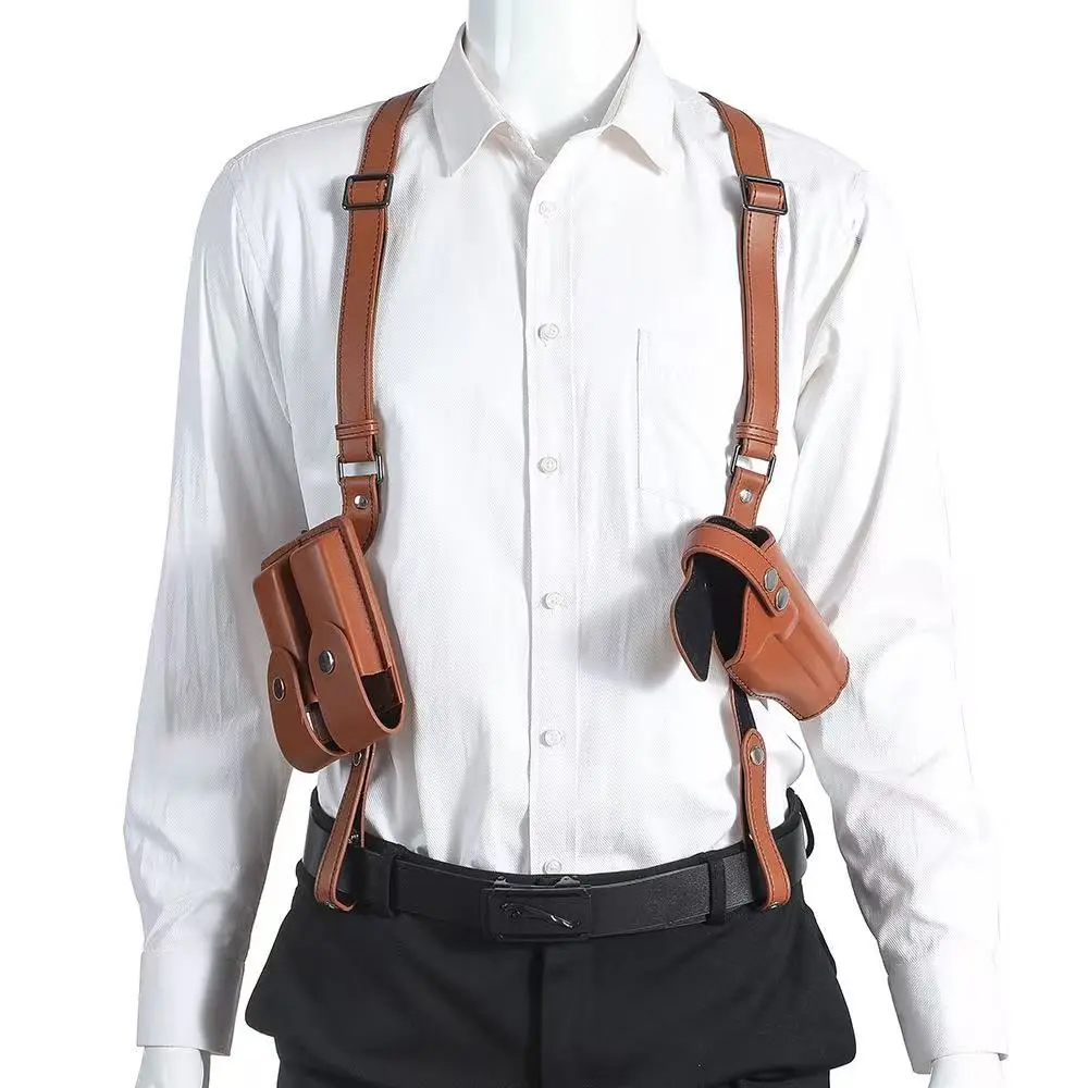 Adjustable underarm concealed carry holster, compatible with 1911, Glock 17/19/23, and other Glock models; crafted from genuine leather.