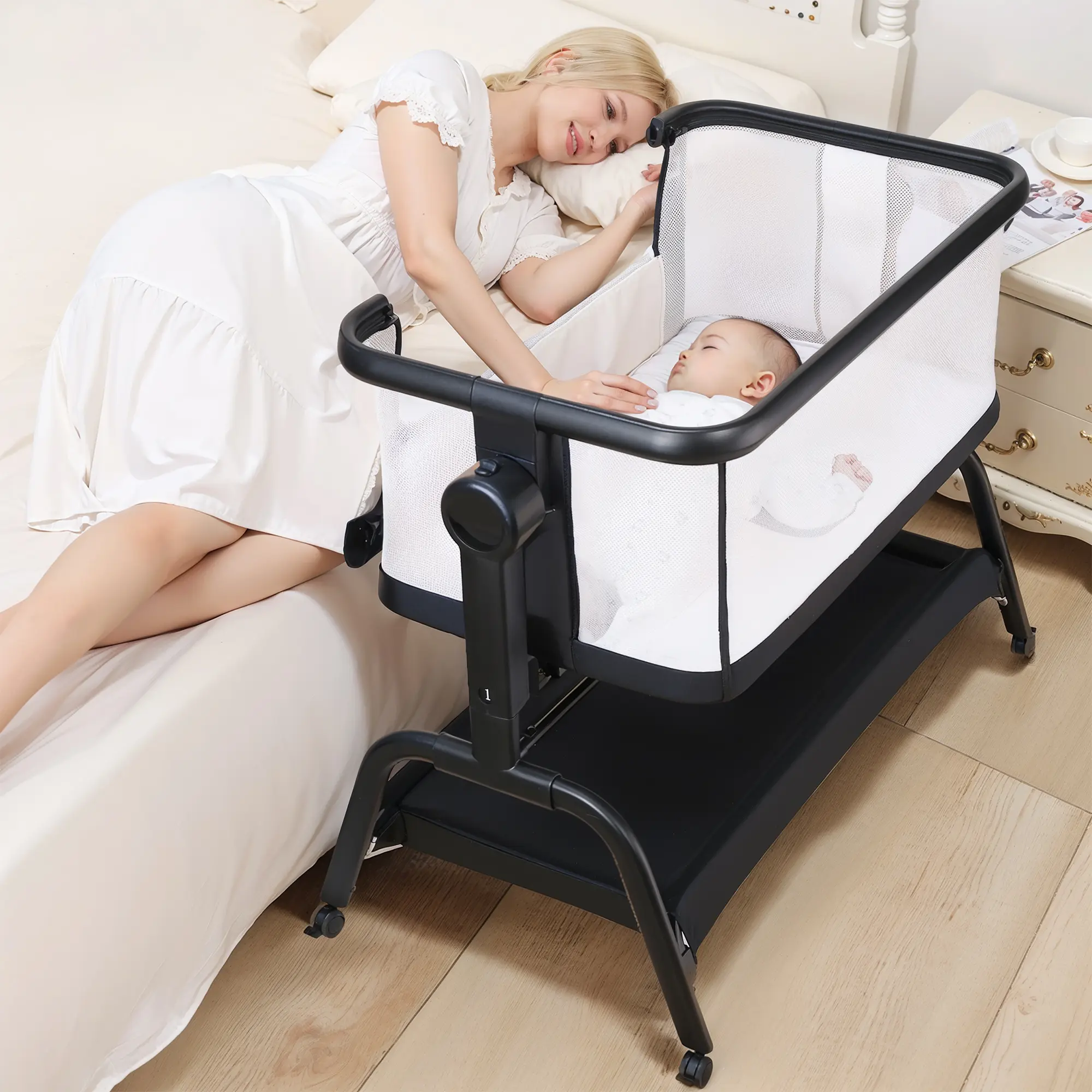 #backtoschool MOREFEEL 3-in-1 Bedside Crib and Baby Bassinet, Unisex Foldable Portable Sleeper for Infants with Adjustable Height, Wheels, and Mesh Walls, Convertible Crib, Safe Sleep Bed, Crib For Infant,back to school