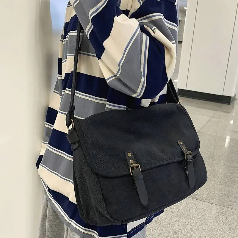 Vintage Canvas Messenger Bag Khaki Crossbody Shoulder Bag Casual Commuter Satchel Student Bookbag Versatile Retro Everyday Purse Dark Academia College Aesthetic Travel Work Bag