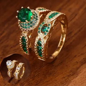 A set of two fashionable 14k gold-plated rings adorned with Cubic Zirconia stones, suitable for everyday wear, as gifts, or for parties.