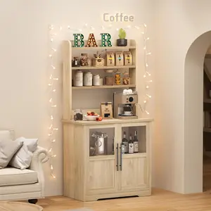 Natural Oak Farmhouse Bakers Rack with Charging Station & Glass Door Cabinet, Rustic Wood Microwave Stand Coffee Hutch for Kitchen, Living & Dining Room