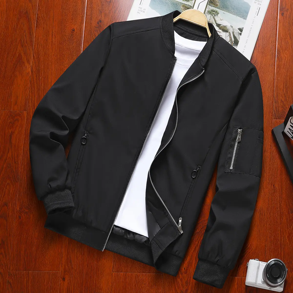 Men's Fitted Bomber Jacket - Lightweight Plain Long-Sleeve Windbreaker, Stylish Casual Streetwear Coat for Men's Fashion, Front Zip Top